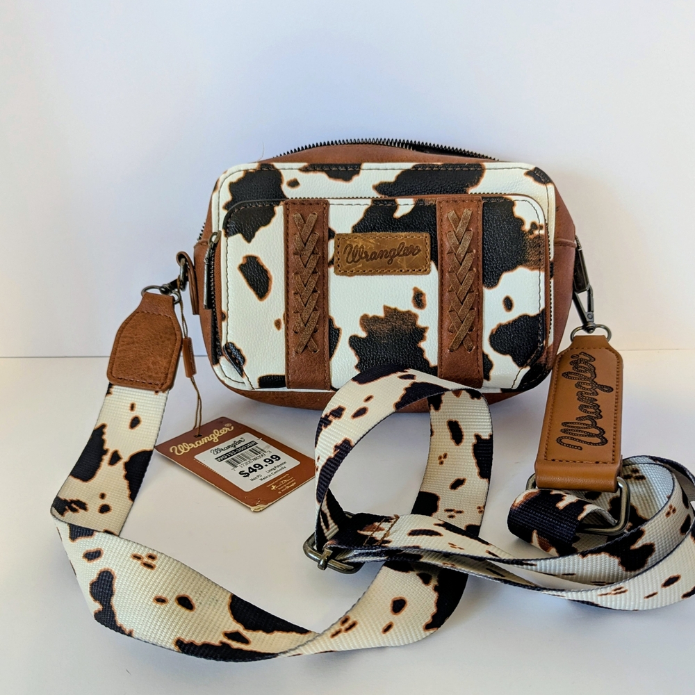 Wrangler Brown and White Cow Print Crossbody Bag